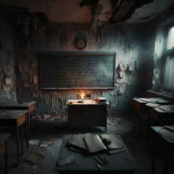DALL·E 2023-10-23 18.30.45 - Photo of a post-apocalyptic classroom at twilight. The walls are ...png