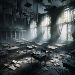 DALL·E 2023-10-23 18.30.54 - Photo of a dimly lit post-apocalyptic classroom. Tattered curtain...png